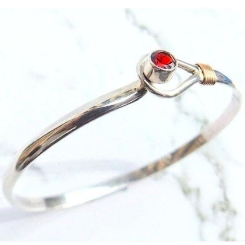 Sterling Silver 14K Gold Red Garnet Hook Clasp Bangle Bracelet 7.25" 11.3 Grams